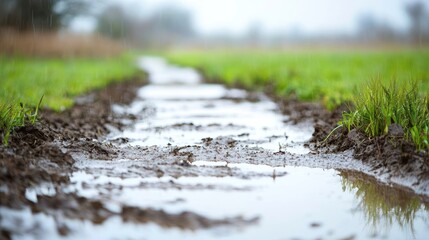 Fototapeta premium Muddy Path Under Rain: A Serene Rural Landscape