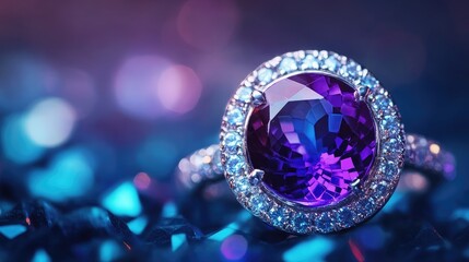 A gemstone ring featuring a large amethyst centerpiece surrounded by diamonds.