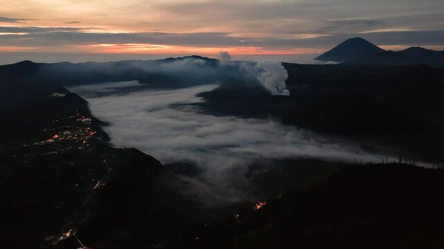 active, adventure, aerial landscape, aerial view, asia, bromo, bromo volcano, cloud, cloudy, destination, drone, east java, eruption, fog, hiking, indonesia, island, java, landmark, landscape, light, 