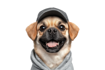 Pug wearing hoodie and cap isolated on white or transparent PNG