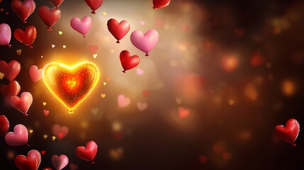 Obraz premium Romantic scene with a glowing Valentine heart surrounded by vibrant red and pink heart balloons flying in the air against a dreamy Saint Valentine background