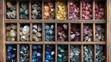 Fototapeta premium A set of gemstones displayed in small compartments of a wooden box.