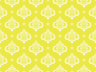 Floral pattern. Vintage wallpaper in the Baroque style. Seamless vector background. White and yellow ornament for fabric, wallpaper, packaging. Ornate Damask flower ornament