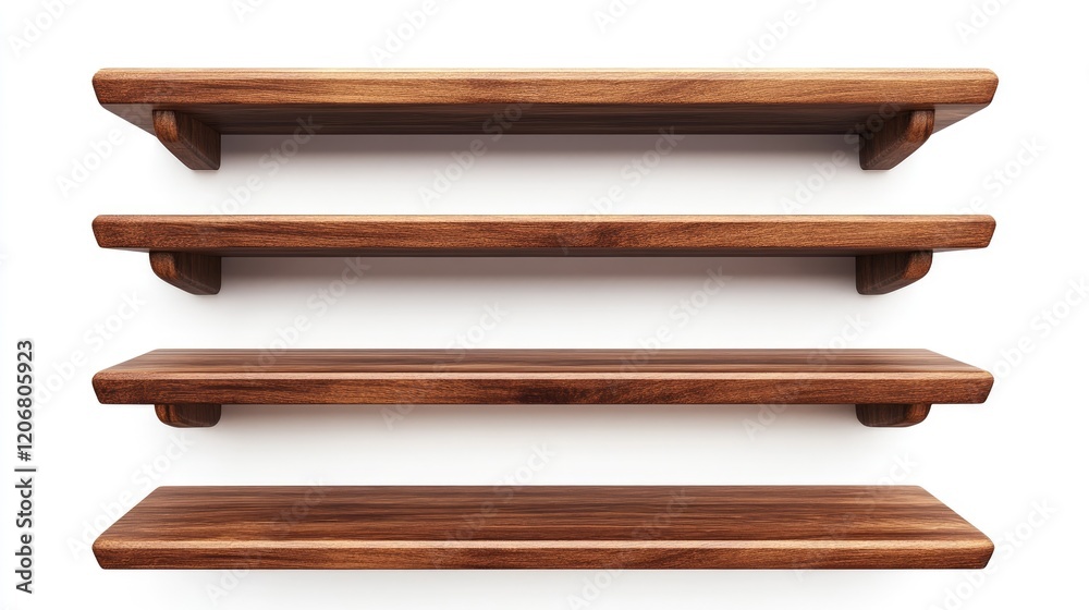 Poster a collection of brown wooden shelves isolated on a white background, with clipping paths for design 