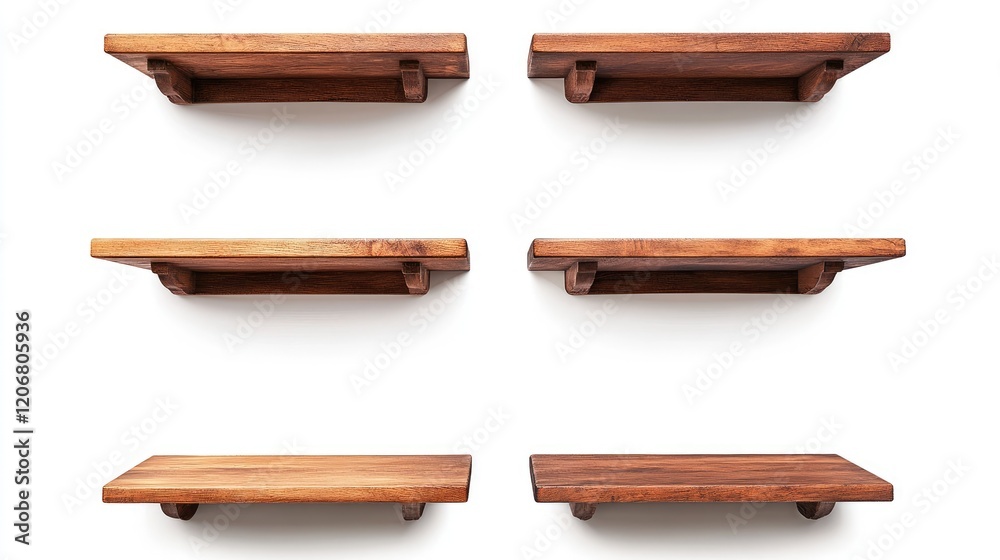 Poster a collection of brown wooden shelves isolated on a white background, with clipping paths for design 