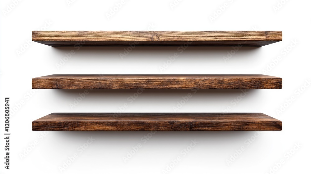 Poster a collection of brown wooden shelves isolated on a white background, with clipping paths for design 