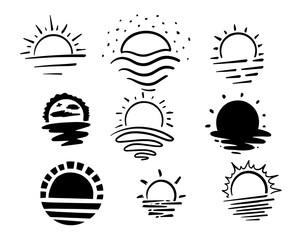 Sun with shadow at water drawing art set collection