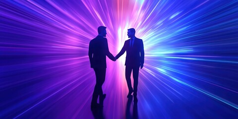 Obraz premium Dynamic Silhouettes of Business Elites Handshaking: Abstract 3D Rendering of Corporate Partnership. Futuristic Urban Backdrop with Blue and Purple Light Streaks Symbolizing Technological Progress and 