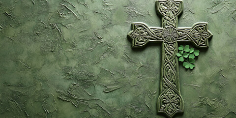Celtic Cross and Shamrocks on a Textured Green Background