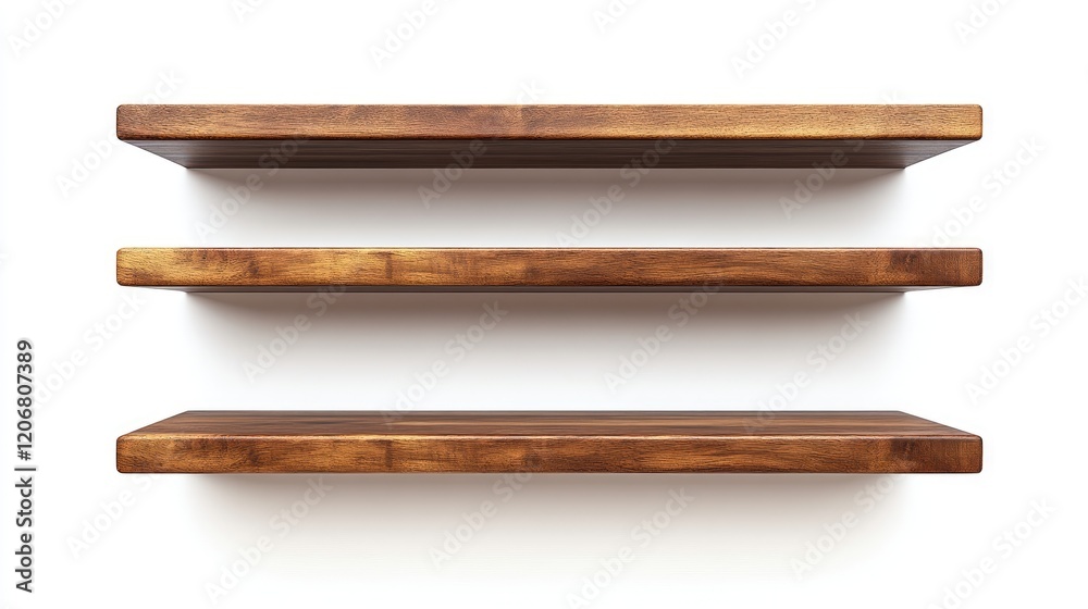 Poster a set of brown wooden shelves arranged on a white background, featuring clear clipping paths for des