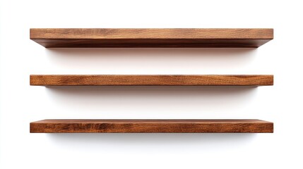 Obraz premium A series of brown wooden shelves isolated against a white background, providing ideal space for product display, interior design, or projects.