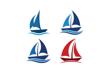 Four colorful sailboats float on gentle waves with simple graphic design and different shades of blue and red