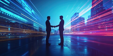 Dynamic Silhouettes of Business Elites Handshaking: Abstract 3D Rendering of Corporate Partnership. Futuristic Urban Backdrop with Blue and Purple Light Streaks Symbolizing Technological Progress and 