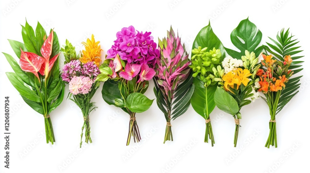 Poster a vibrant set of six bouquets with a variety of fresh tropical leaves and flowers, beautifully arran