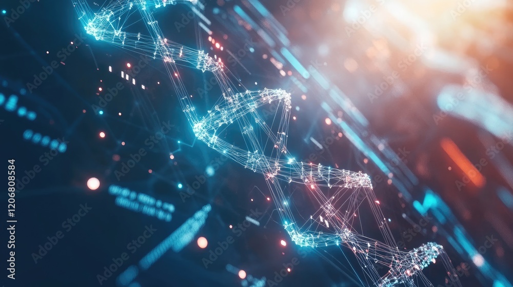Poster abstract biotechnology background with dna strands, molecular structures, and graphs, reflecting inn