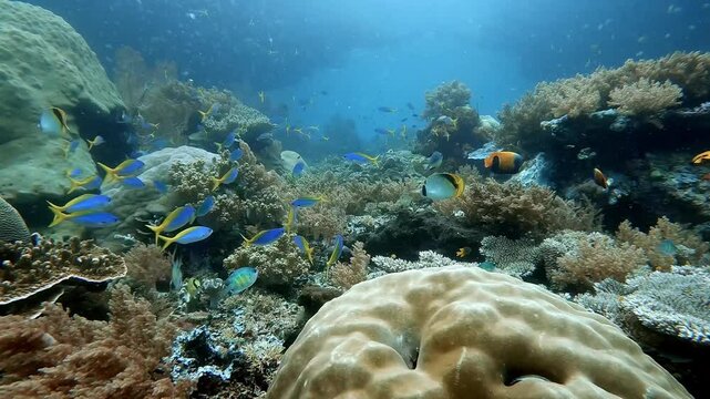 Panning along a heathy coral reef with many different colourful species of reef fish. In the far background is an underwater window.