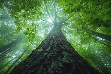 View from the forest floor looking up at the towering trees with vines hanging down and the dense...