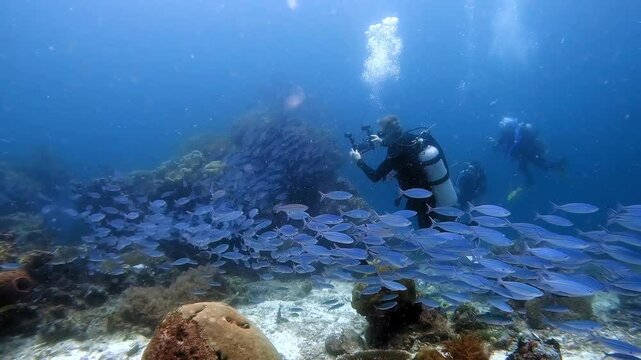 A long and dense chain or train of fussier fish swimming over a coral reef and past scuba divers filming the process