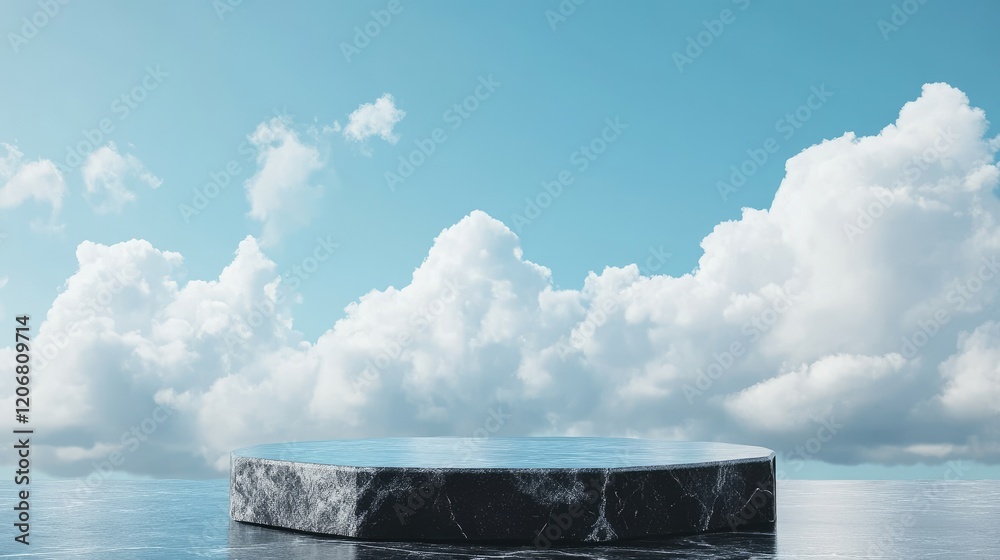 Poster Black stone podium in front of a bright sky-blue background with soft clouds. Ideal for product showcasing, presentations, or minimalist display concepts.