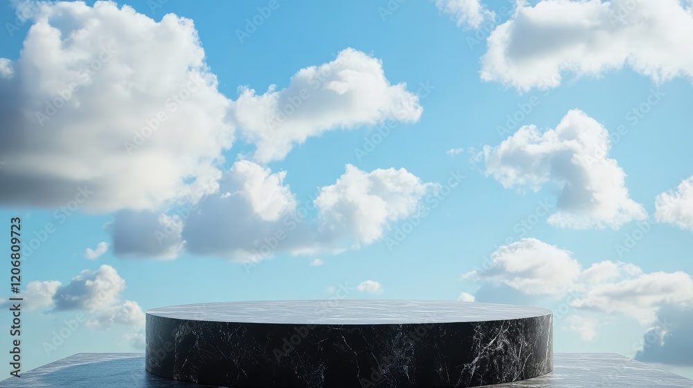 Aufkleber black stone podium in front of a bright sky-blue background with soft clouds. ideal for product show