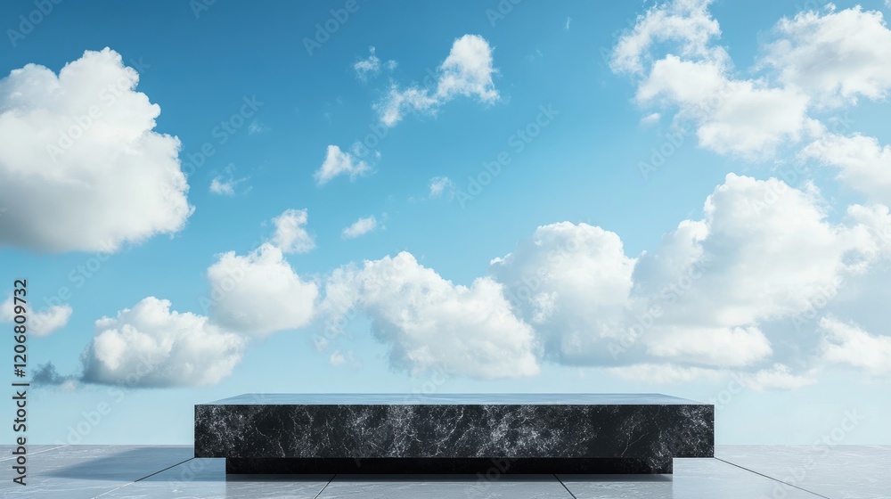 Poster Black stone podium in front of a bright sky-blue background with soft clouds. Ideal for product showcasing, presentations, or minimalist display concepts.