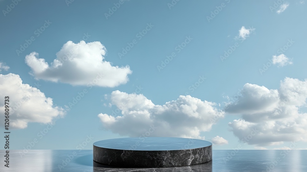 Poster Black stone podium in front of a bright sky-blue background with soft clouds. Ideal for product showcasing, presentations, or minimalist display concepts.