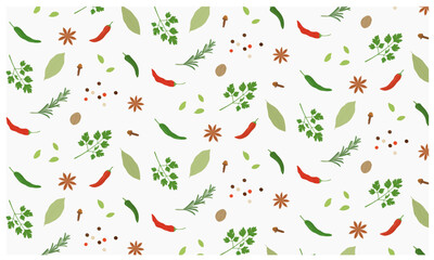 Seamless pattern with spices and herbs. Hand drawn vector illustration. Rosemary, parsley, chili pepper, bay leaf, peppercorn, star anise, clove.