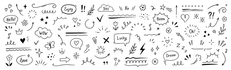 Cute line sketch star, arrow, heart decoration element icon set. Hand drawn sketch doodle cute star, emphasis, flower element. Pen line text decoration shape icon. Hand drawn vector illustration.