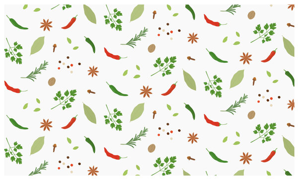 Seamless pattern with spices and herbs. Hand drawn vector illustration. Rosemary, parsley, chili pepper, bay leaf, peppercorn, star anise, clove.