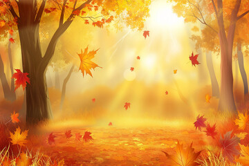 Autumn Forest with Falling Leaves in Warm Sunlight

