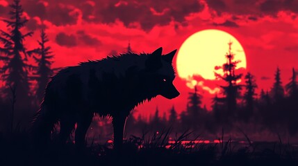 Silhouette of a lone wolf with a glowing sunset background