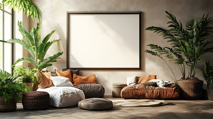 A large, blank white frame is hanging on the wall of an eclectic, bohemian-style living room with many plants and soft pillows.