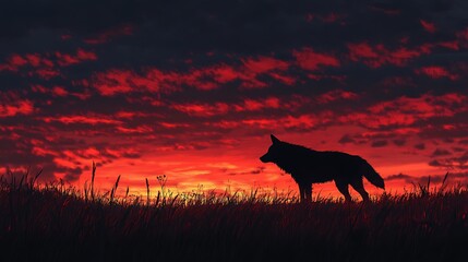 Silhouette of a wolf against a stunning evening sky