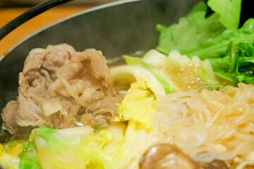 Japanese home-style “Sukiyaki” - a one-pot dish filled with beef, vegetables and mushrooms