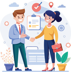 People shaking hands at work - Two businesspeople, man and woman doing handshake in office at work while smiling over business agreement and deal. Flat design stock illustration on white background