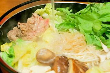 Japanese home-style “Sukiyaki” - a one-pot dish filled with beef, vegetables and mushrooms