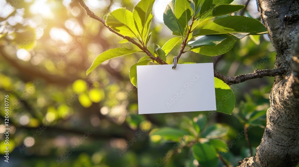 Poster business card mockup on a sunny spring day, clipped to a tree branch with green leaves in the backgr