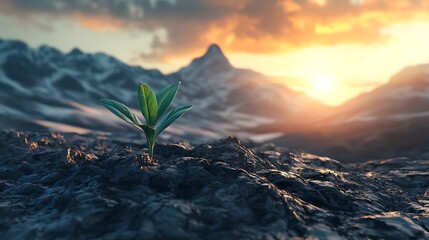 Small green sprout emerging from rough terrain at sunrise Concept growth hope nature digital art
