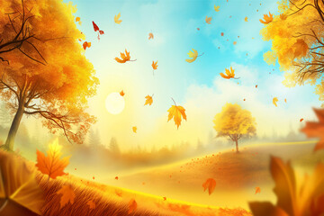 Autumn Forest with Falling Leaves in Warm Sunlight

