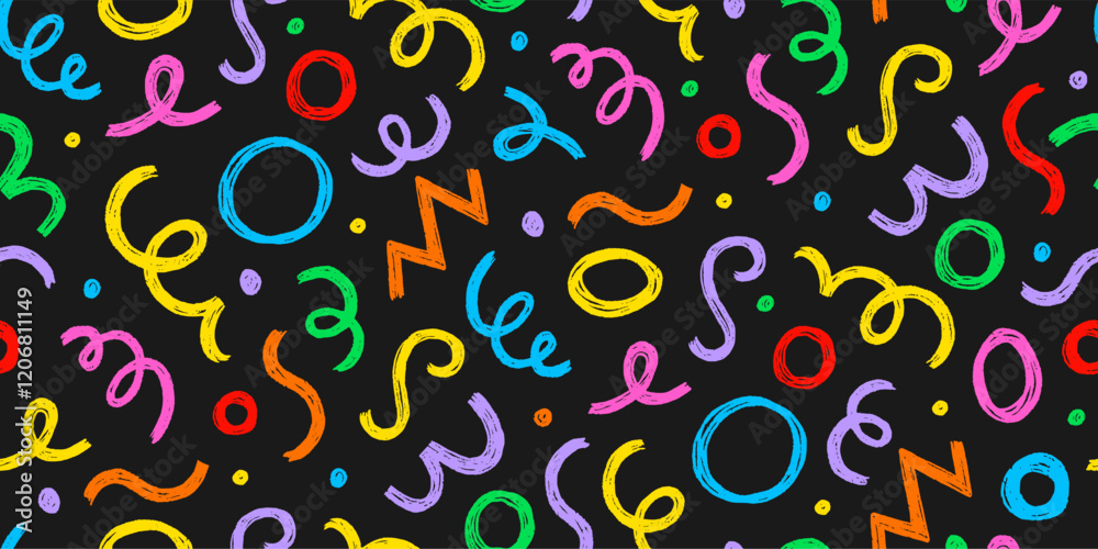 Poster Kid seamless pattern child fun shape squiggle confetti background. Hand drawn color crayon background fun child squiggle shape. Crayon color confetti abstract seamless pattern vector illustration