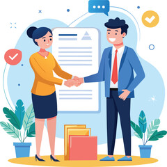 Obraz premium People shaking hands at work - Two businesspeople, man and woman doing handshake in office at work while smiling over business agreement and deal. Flat design stock illustration on white background