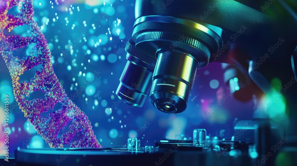 Aufkleber Close-up of a microscope on a laboratory background, featuring a macro image of DNA in an animated style. Concept of innovative medical technology and cutting-edge science.