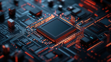 Fototapeta premium A close-up view of a modern microprocessor on a circuit board, featuring intricate details and glowing connections.
