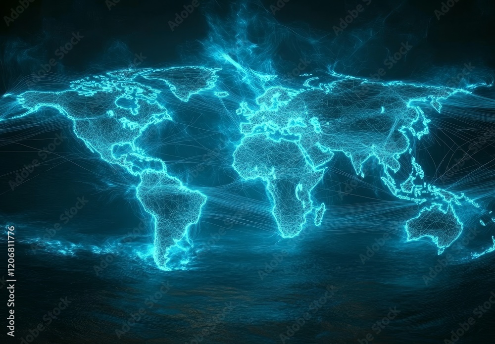 Poster glowing blue digital world map with network connections.