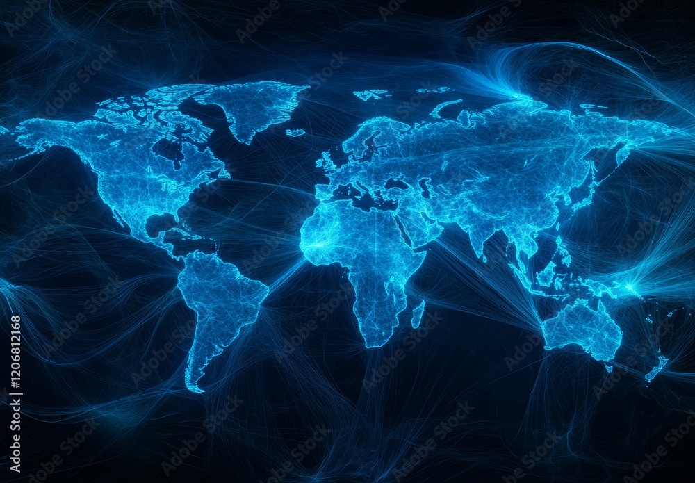 Aufkleber glowing blue world map with digital network connections.