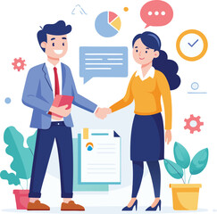 People shaking hands at work - Two businesspeople, man and woman doing handshake in office at work while smiling over business agreement and deal. Flat design stock illustration on white background