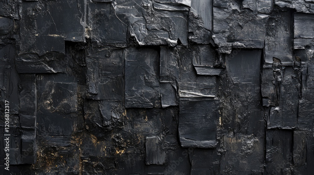 Poster Close-up of an old black brick wall, with detailed surface texture and abstract patterns, perfect for creating a mysterious or dark-themed backdrop.