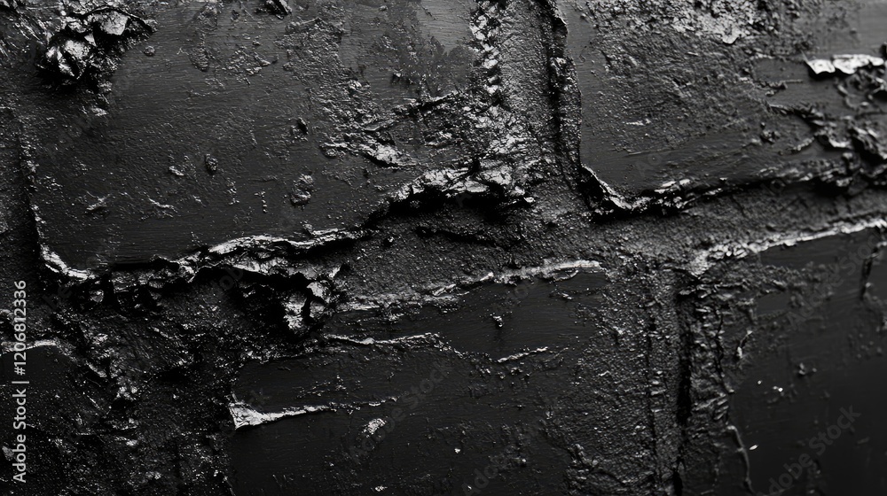 Poster Close-up of an old black brick wall, with detailed surface texture and abstract patterns, perfect for creating a mysterious or dark-themed backdrop.