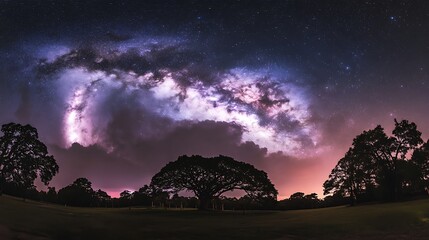Starry sky with pink Milky Way and trees