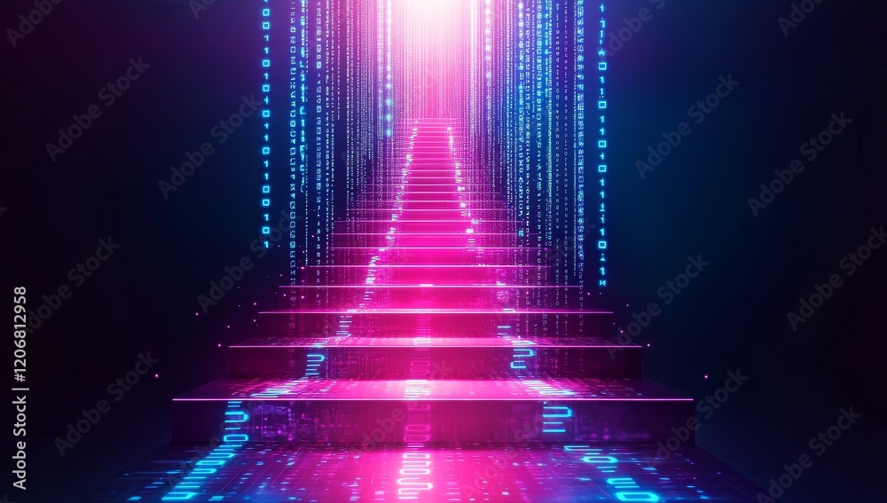 Poster Glowing pink stairs ascending into a digital binary code tunnel.